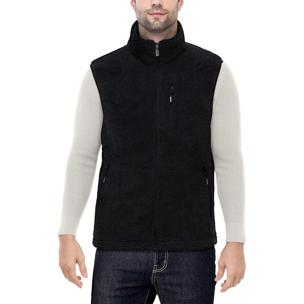 imageOutdoor Ventures Mens FullZip Lightweight Polar Fleece Vest Outerwear with 5 Pockets Warm Winter Sleeveless Jacket CasualSherpa Black
