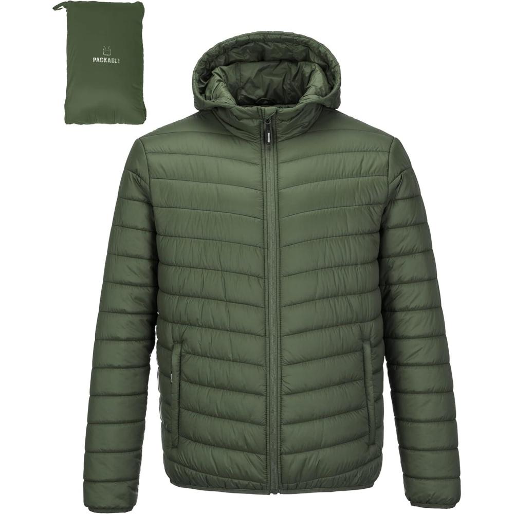 imageOutdoor Ventures Mens Lightweight Packable Hooded Puffer Jacket Insulated Winter Coat for Snow Ski TravelingArmy Greenfold in Pocket