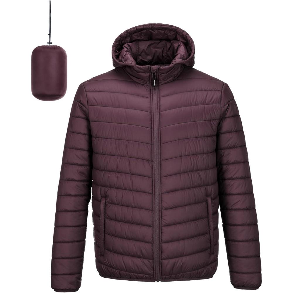 imageOutdoor Ventures Mens Lightweight Packable Hooded Puffer Jacket Insulated Winter Coat for Snow Ski TravelingEggplantfold in Bag