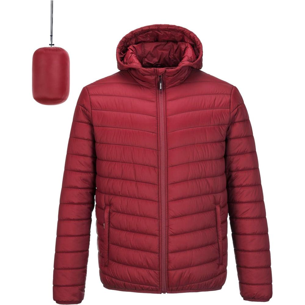imageOutdoor Ventures Mens Lightweight Packable Hooded Puffer Jacket Insulated Winter Coat for Snow Ski TravelingMountain Redfold in Bag