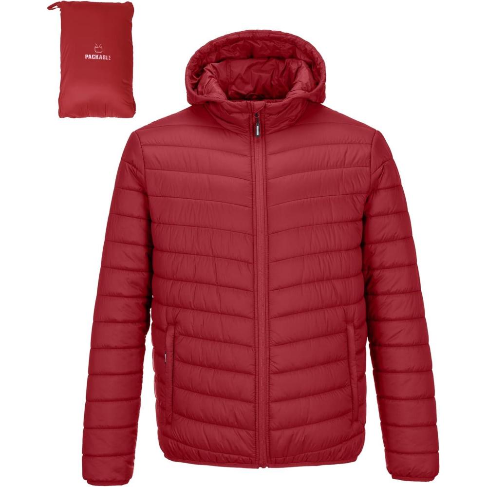 imageOutdoor Ventures Mens Lightweight Packable Hooded Puffer Jacket Insulated Winter Coat for Snow Ski TravelingMountain Redfold in Pocket