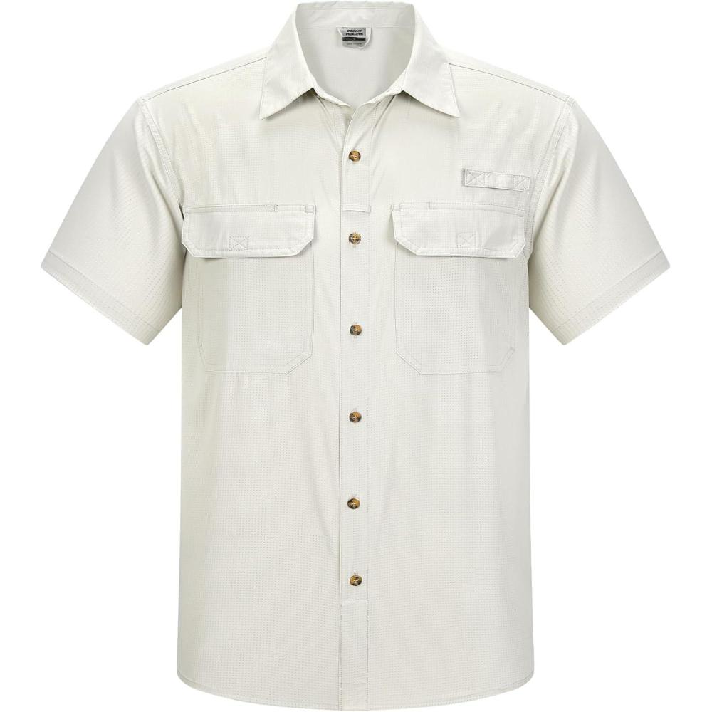 imageOutdoor Ventures Mens Lightweight Short Sleeve Fishing Shirt UPF 50 Button Down Quick Dry Cooling Hiking Travel Safari ShirtBeige
