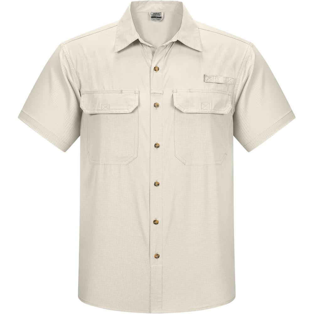 imageOutdoor Ventures Mens Lightweight Short Sleeve Fishing Shirt UPF 50 Button Down Quick Dry Cooling Hiking Travel Safari ShirtKhaki