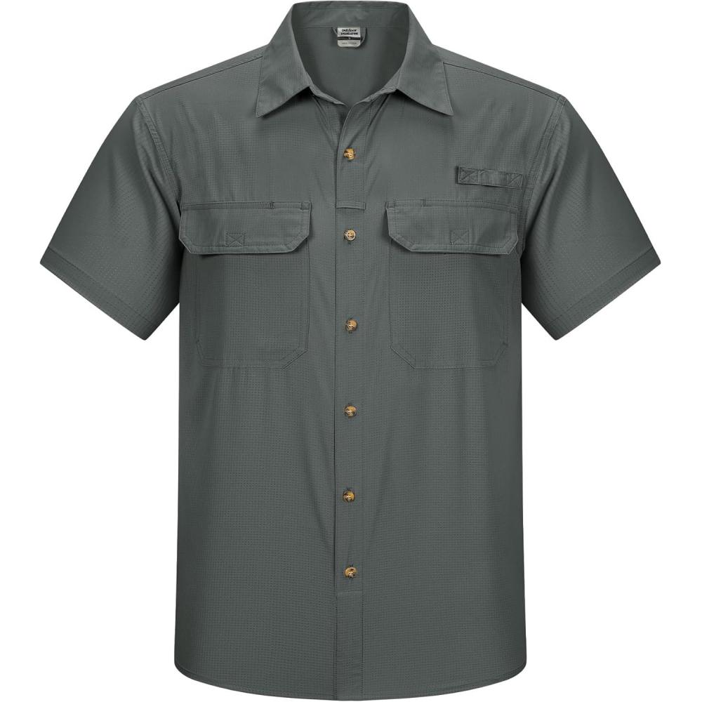 imageOutdoor Ventures Mens Lightweight Short Sleeve Fishing Shirt UPF 50 Button Down Quick Dry Cooling Hiking Travel Safari ShirtShadow Grey