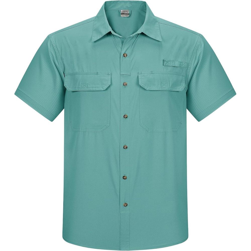 imageOutdoor Ventures Mens Lightweight Short Sleeve Fishing Shirt UPF 50 Button Down Quick Dry Cooling Hiking Travel Safari ShirtTeal