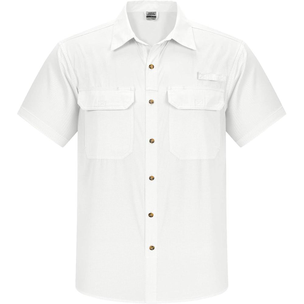 imageOutdoor Ventures Mens Lightweight Short Sleeve Fishing Shirt UPF 50 Button Down Quick Dry Cooling Hiking Travel Safari ShirtWhite