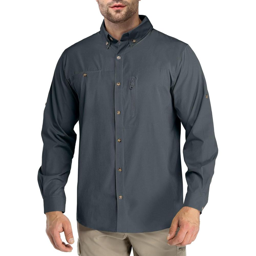 imageOutdoor Ventures Mens Long Sleeve Hiking Shirt UPF 50 UV Sun Protection Shirt Cooling Quick Dry for Travel Fishing SafariGrey