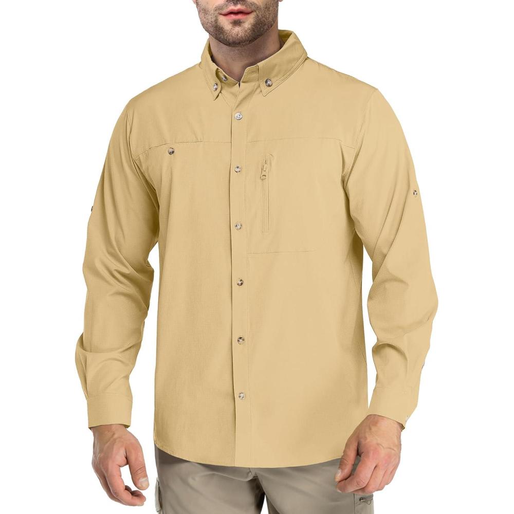 imageOutdoor Ventures Mens Long Sleeve Hiking Shirt UPF 50 UV Sun Protection Shirt Cooling Quick Dry for Travel Fishing SafariSandy Brown