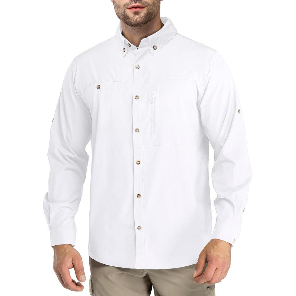 imageOutdoor Ventures Mens Long Sleeve Hiking Shirt UPF 50 UV Sun Protection Shirt Cooling Quick Dry for Travel Fishing SafariWhite