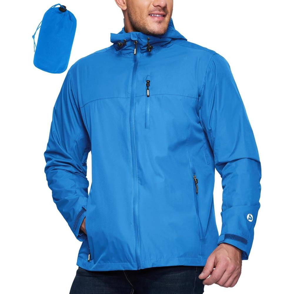 imageOutdoor Ventures Mens Packable Rain Jacket Waterproof Lightweight Raincoat with Hood Windproof Cycling JacketsBright Blue