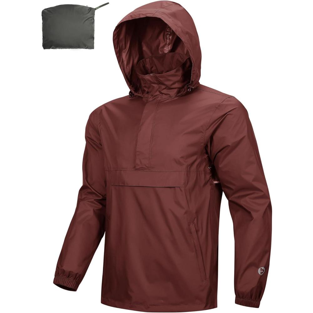 imageOutdoor Ventures Mens Rain Jacket Waterproof Lightweight Packable Rain Pullover for Hiking Golf RunningDark Red