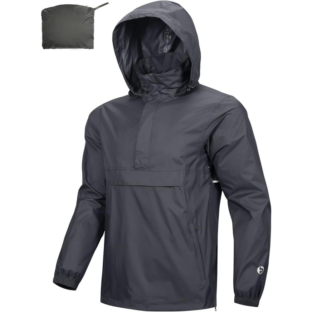 imageOutdoor Ventures Mens Rain Jacket Waterproof Lightweight Packable Rain Pullover for Hiking Golf RunningMid Grey