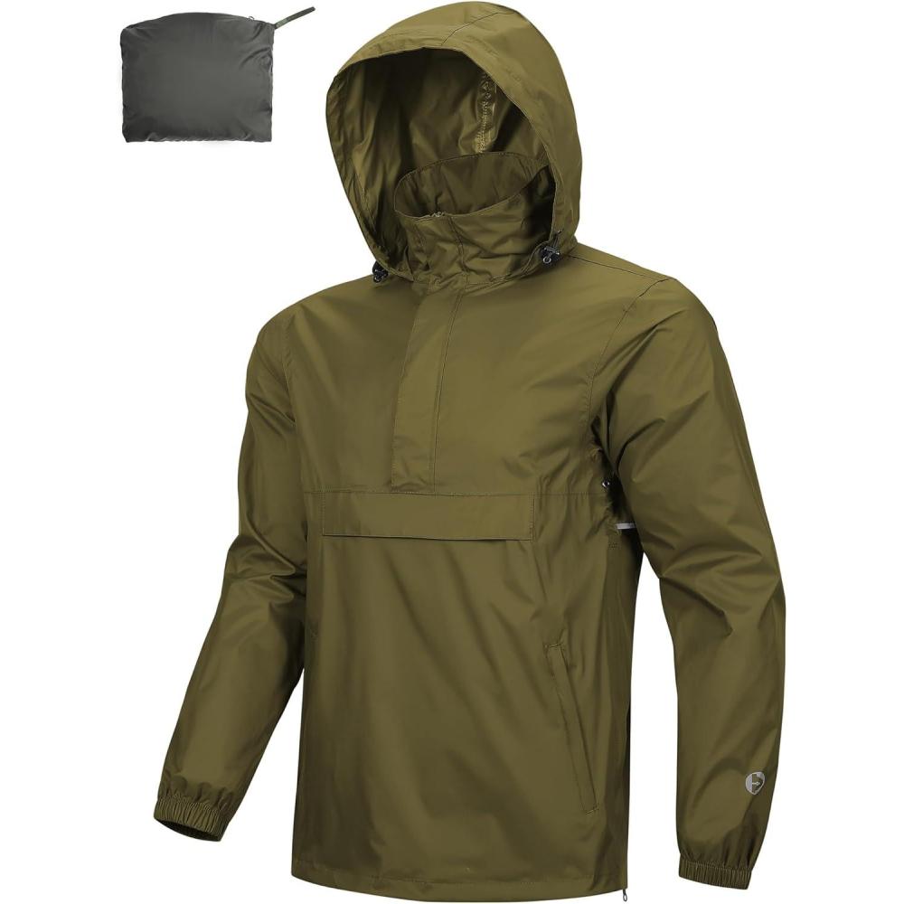 imageOutdoor Ventures Mens Rain Jacket Waterproof Lightweight Packable Rain Pullover for Hiking Golf RunningOlive