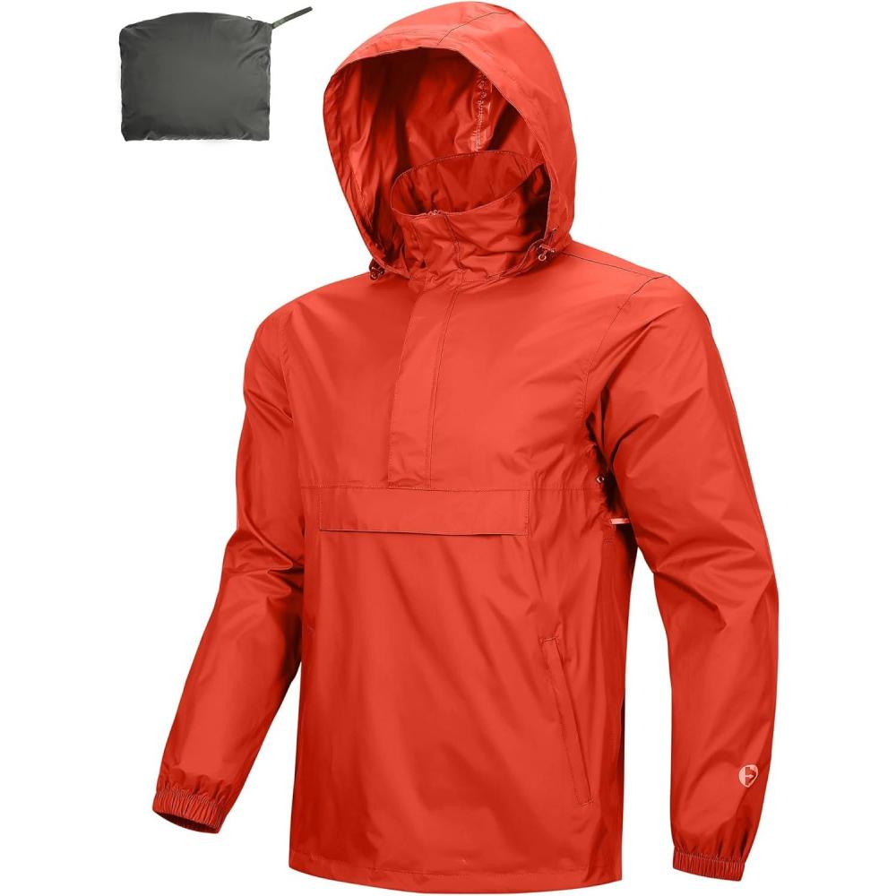 imageOutdoor Ventures Mens Rain Jacket Waterproof Lightweight Packable Rain Pullover for Hiking Golf RunningOrange Red