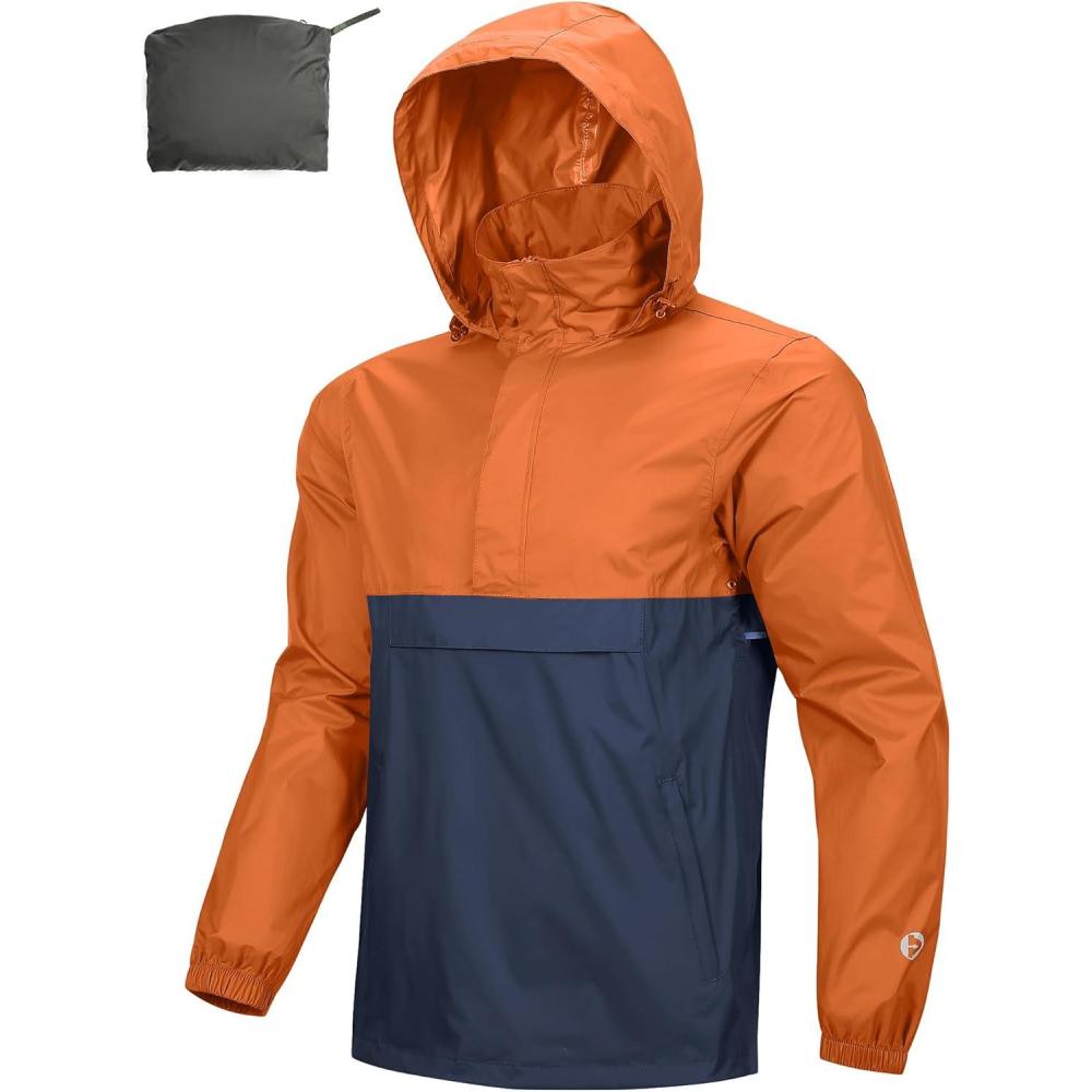 imageOutdoor Ventures Mens Rain Jacket Waterproof Lightweight Packable Rain Pullover for Hiking Golf RunningOrangeDark Blue