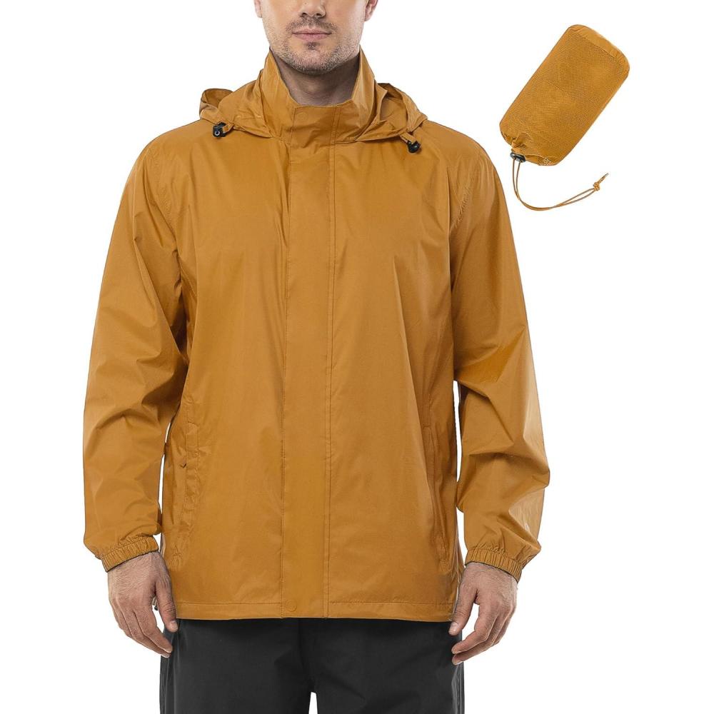 imageOutdoor Ventures Mens Rain Jacket Waterproof Lightweight Packable Rain Shell Raincoat with Hood for Golf Hiking TravelGolden Yellow