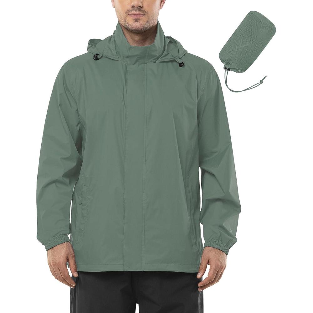 imageOutdoor Ventures Mens Rain Jacket Waterproof Lightweight Packable Rain Shell Raincoat with Hood for Golf Hiking TravelGreen Gray