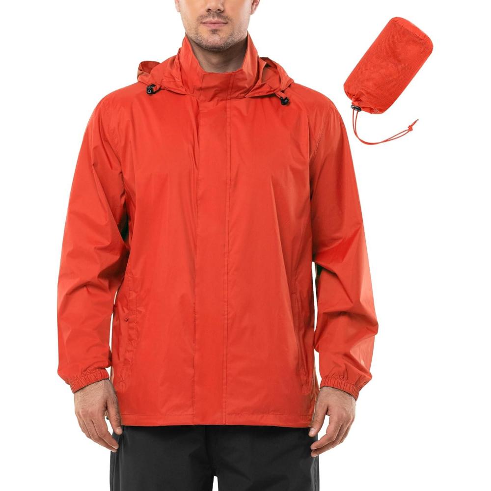 imageOutdoor Ventures Mens Rain Jacket Waterproof Lightweight Packable Rain Shell Raincoat with Hood for Golf Hiking TravelLight Orange Red