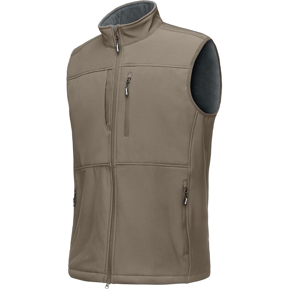 imageOutdoor Ventures Mens Running Vest Outerwear Lightweight Windproof FleeceLined Softshell Sleeveless Jacket for GolfLight Brown7 Pockets