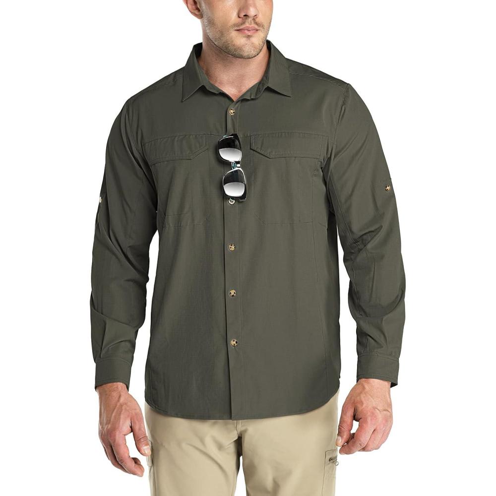 imageOutdoor Ventures Mens UPF 50 UV Sun Protection SPF Hiking Shirt Long Sleeve Lightweight Quick Dry for Safari Travel FishingGreen