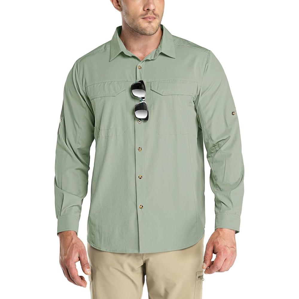 imageOutdoor Ventures Mens UPF 50 UV Sun Protection SPF Hiking Shirt Long Sleeve Lightweight Quick Dry for Safari Travel FishingMountain Green