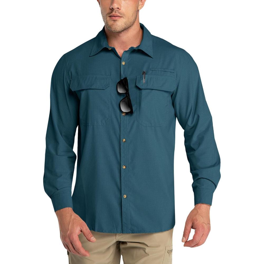imageOutdoor Ventures Mens UPF 50 UV Sun Protection Shirt Long Sleeve Hiking Fishing Shirt Cooling Quick Dry for Safari TravelDark Green