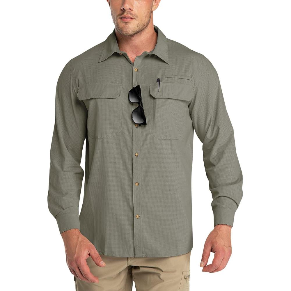 imageOutdoor Ventures Mens UPF 50 UV Sun Protection Shirt Long Sleeve Hiking Fishing Shirt Cooling Quick Dry for Safari TravelGreen Gray