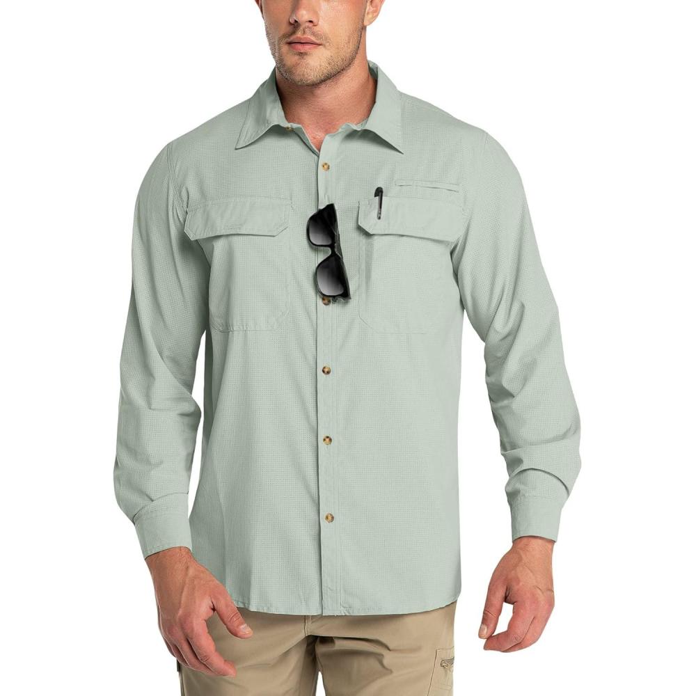 imageOutdoor Ventures Mens UPF 50 UV Sun Protection Shirt Long Sleeve Hiking Fishing Shirt Cooling Quick Dry for Safari TravelLight Green