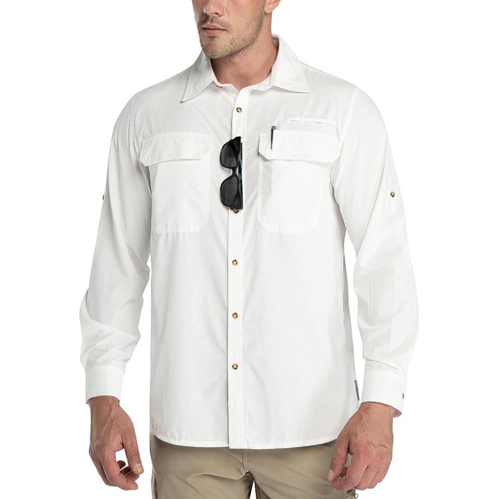 imageOutdoor Ventures Mens UPF 50 UV Sun Protection Shirt Long Sleeve Hiking Fishing Shirt Cooling Quick Dry for Safari TravelWhite