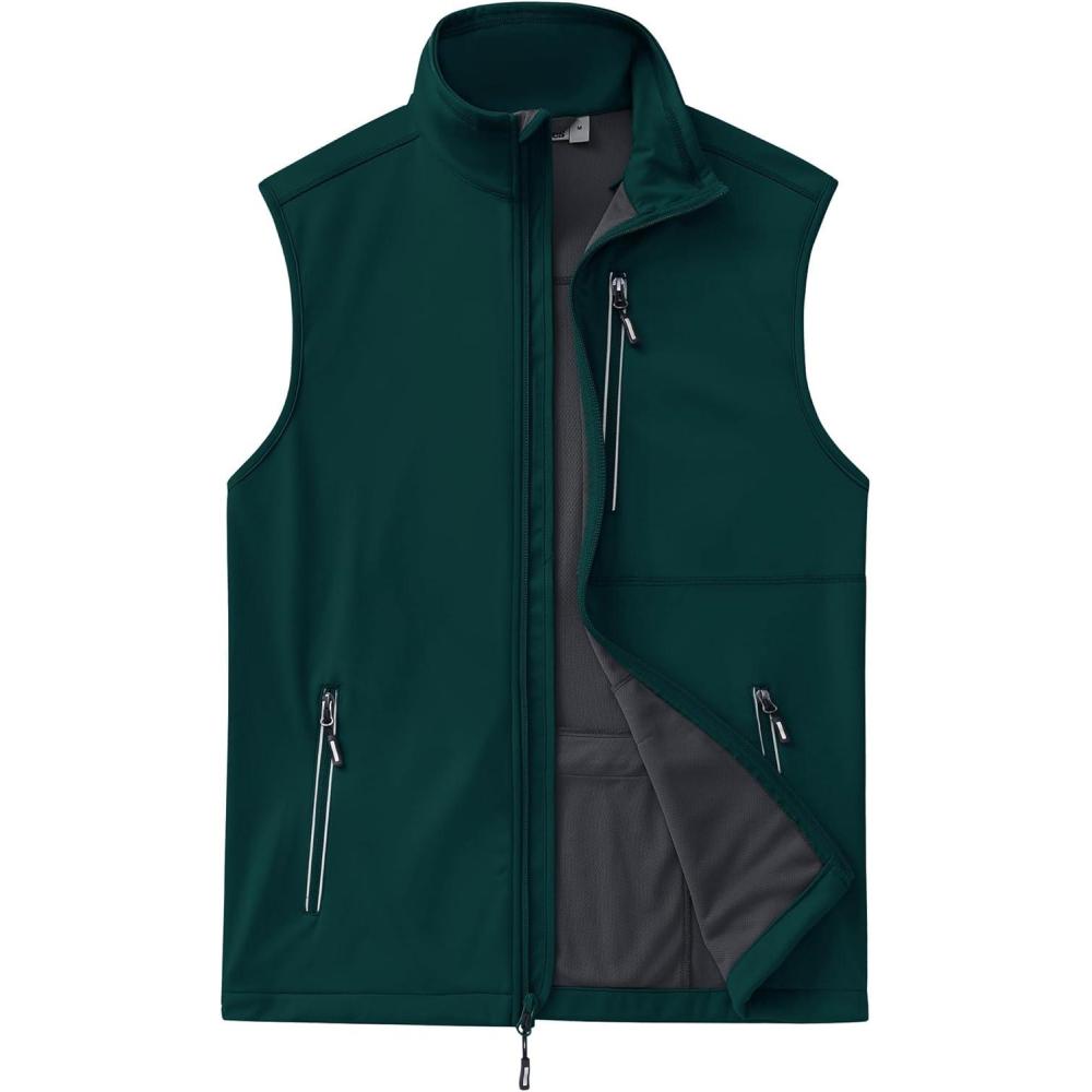 imageOutdoor Ventures Mens Windproof Softshell Vest Outerwear Lightweight Sleeveless Jacket for Running Golf Hiking TravelDark Green
