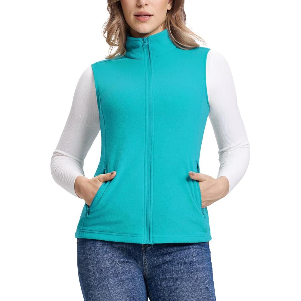 imageOutdoor Ventures Womens Fleece Vest Zip Up Lightweight Soft Running Vest Outerwear Sleeveless with PocketsAquamarine Blue