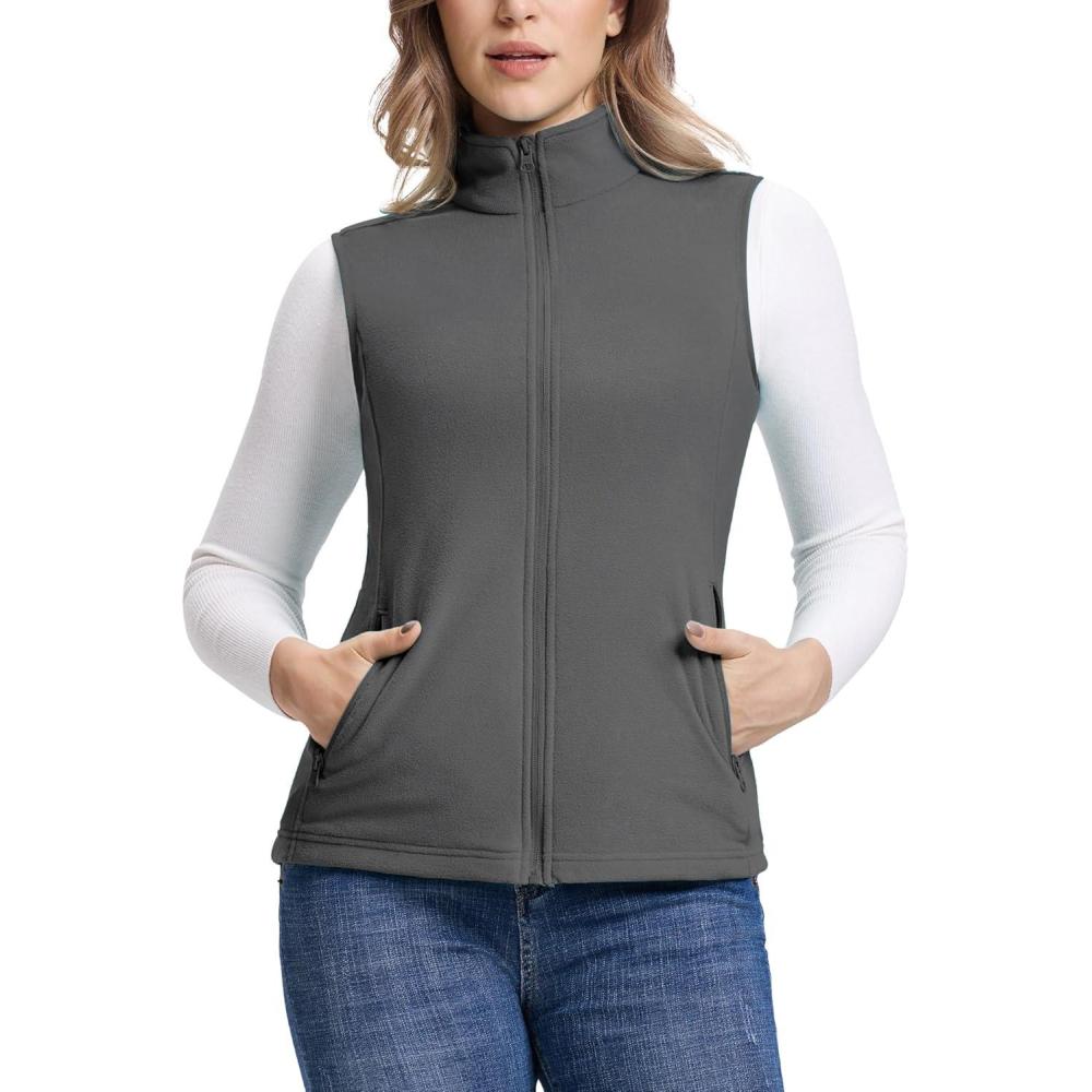 imageOutdoor Ventures Womens Fleece Vest Zip Up Lightweight Soft Running Vest Outerwear Sleeveless with PocketsDark Grey