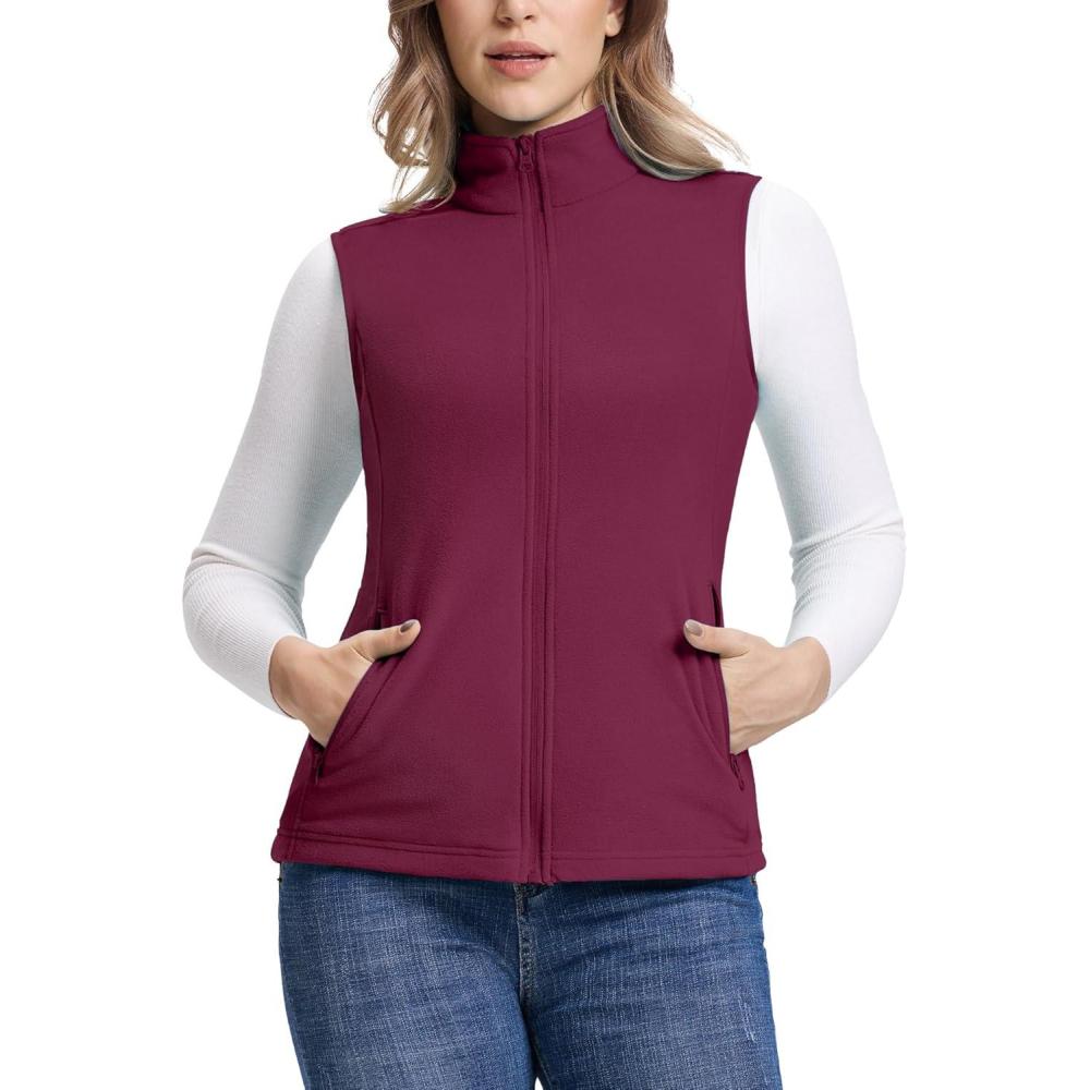 imageOutdoor Ventures Womens Fleece Vest Zip Up Lightweight Soft Running Vest Outerwear Sleeveless with PocketsWine