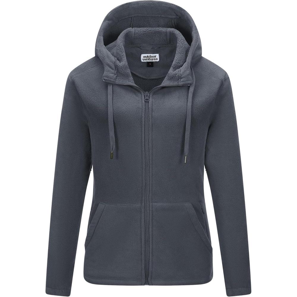 imageOutdoor Ventures Womens Full Zip Hooded Fleece Jacket Coat with 6 Pockets Warm Soft Polar Fleece Casual Hoodie SweatshirtDark Grey