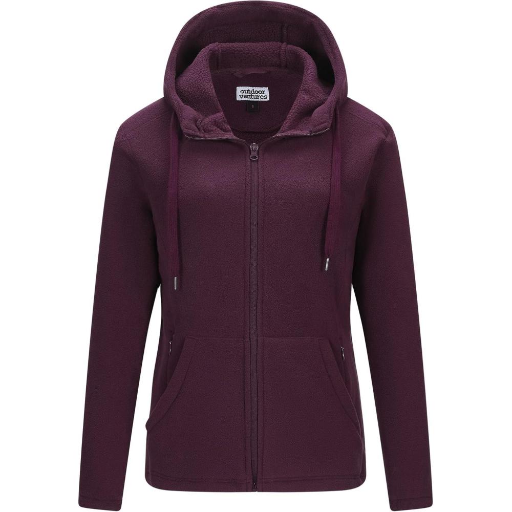 imageOutdoor Ventures Womens Full Zip Hooded Fleece Jacket Coat with 6 Pockets Warm Soft Polar Fleece Casual Hoodie SweatshirtWine