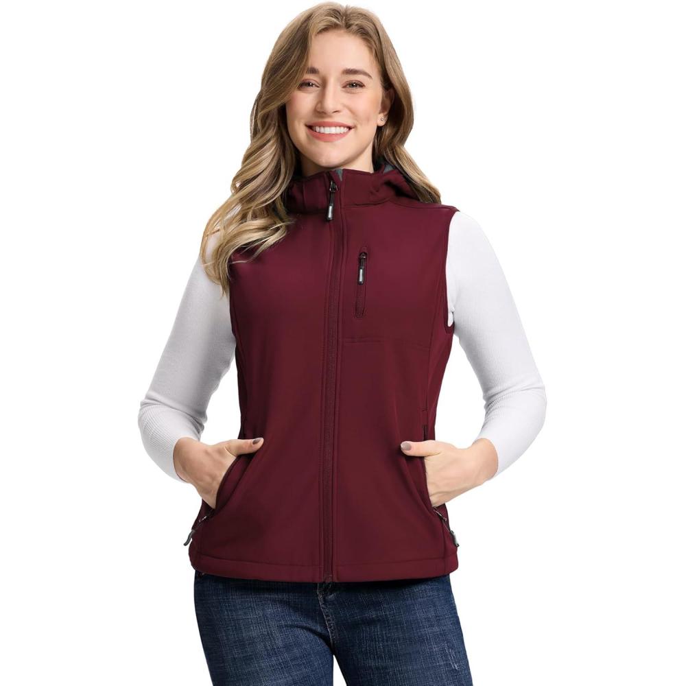 imageOutdoor Ventures Womens Hooded Lightweight Softshell Vest Windproof Fleece Lined Sleeveless Jacket for Golf Running TravelDark Red