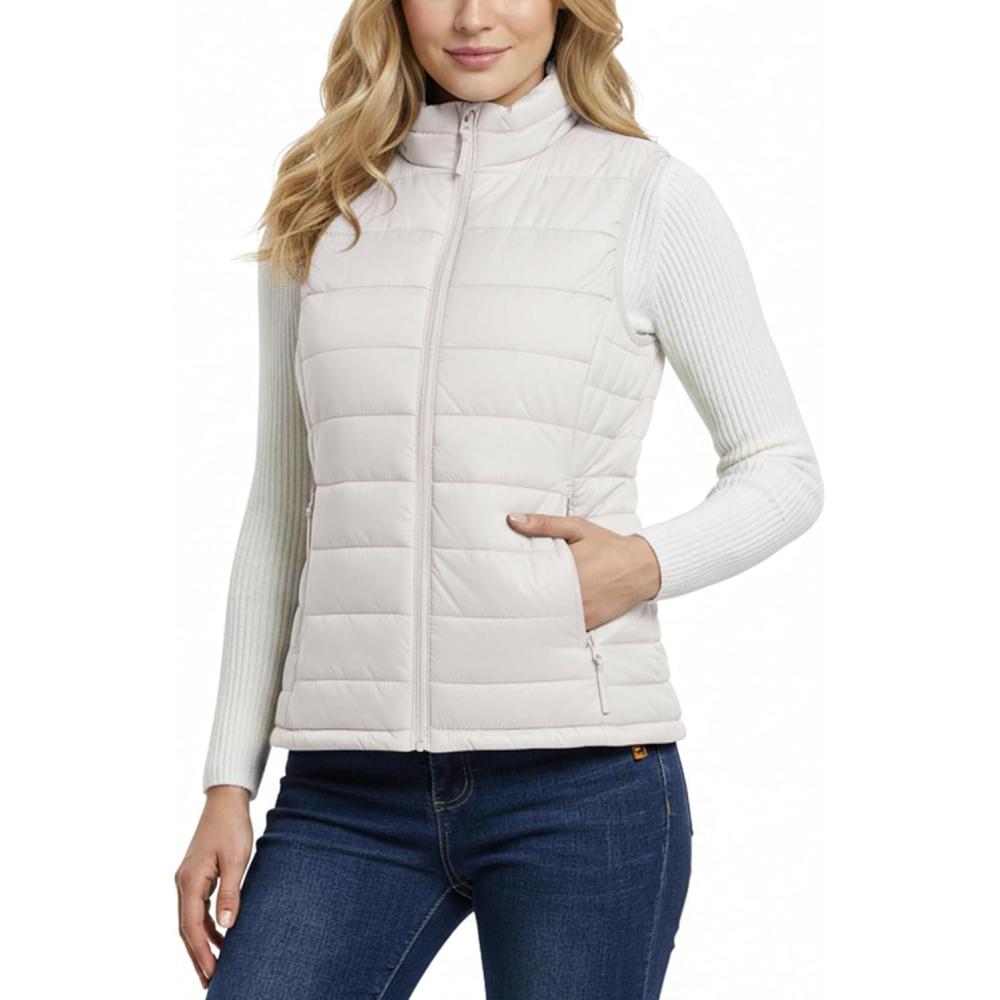 imageOutdoor Ventures Womens Lightweight Puffer Vest Outerwear Zip Up Warm Sleeveless Winter Jacket Padded Gilet Quilted CoatCream