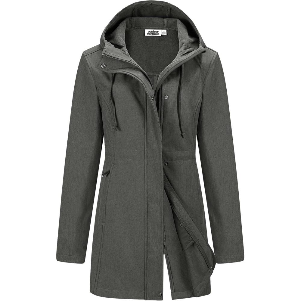 imageOutdoor Ventures Womens Lightweight Waterproof Fleece Lined Hooded Softshell Rain Jacket Warm Windbreaker Long CoatDimgrey Melange