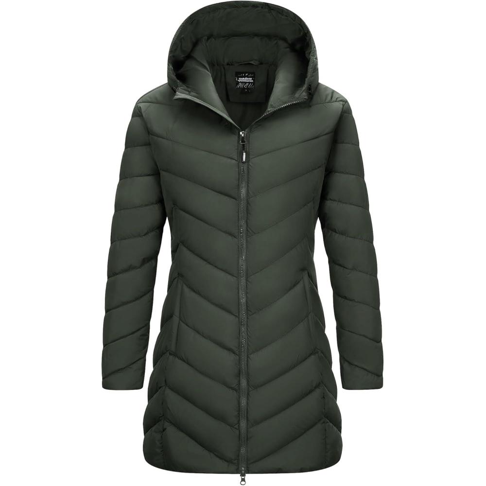 imageOutdoor Ventures Womens Long Hooded Lightweight Puffer Coat Quilted Insulated Winter JacketArmy Green