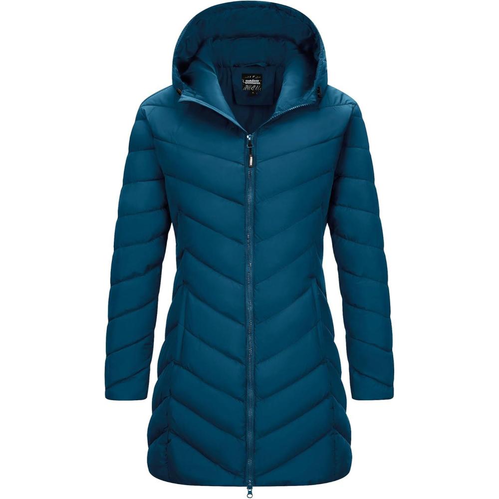 imageOutdoor Ventures Womens Long Hooded Lightweight Puffer Coat Quilted Insulated Winter JacketModern Blue