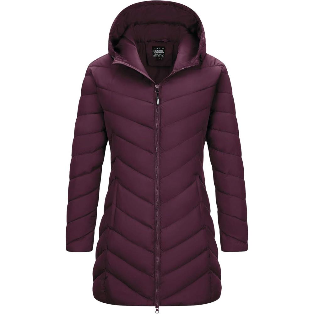 imageOutdoor Ventures Womens Long Hooded Lightweight Puffer Coat Quilted Insulated Winter JacketWine