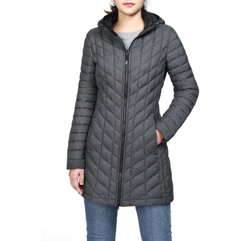 imageOutdoor Ventures Womens Maryan Hooded Ultra Lightweight Warm Thermolite Long Puffer CoatDark Grey Marlmatteavg32 Mid Length