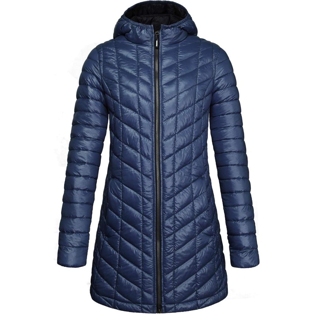 imageOutdoor Ventures Womens Maryan Hooded Ultra Lightweight Warm Thermolite Long Puffer CoatDeep Blueshinyavg32 Mid Length