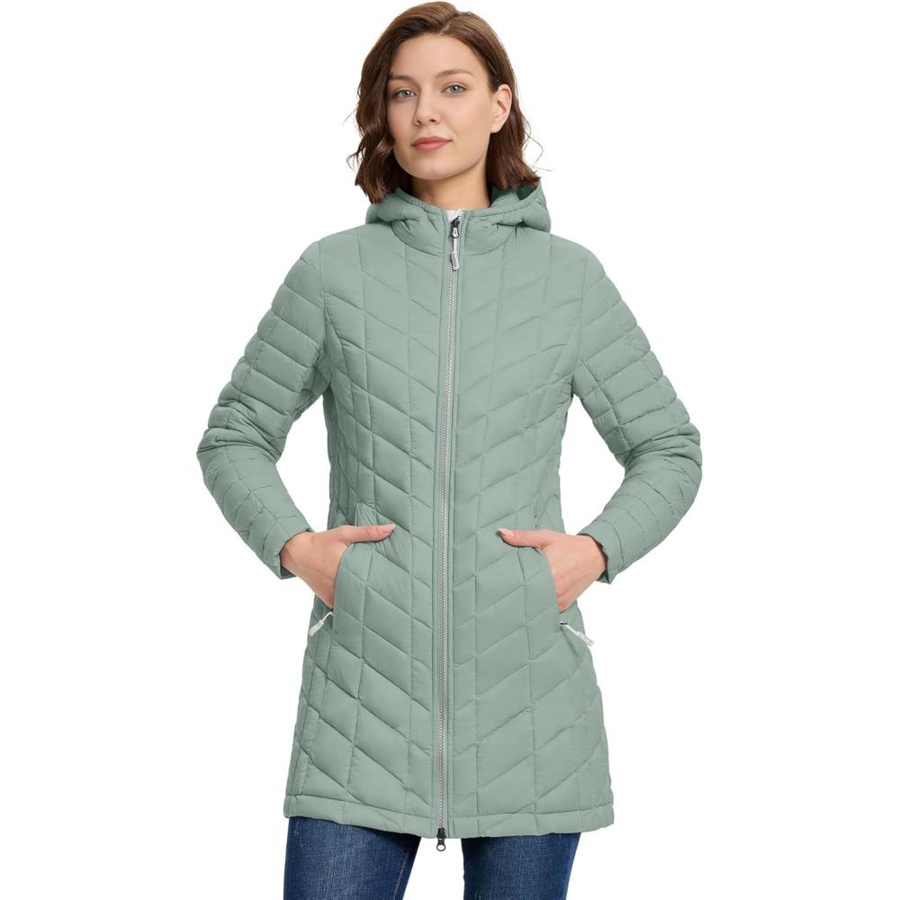 imageOutdoor Ventures Womens Maryan Hooded Ultra Lightweight Warm Thermolite Long Puffer CoatLight Greenmatteavg32 Mid Length