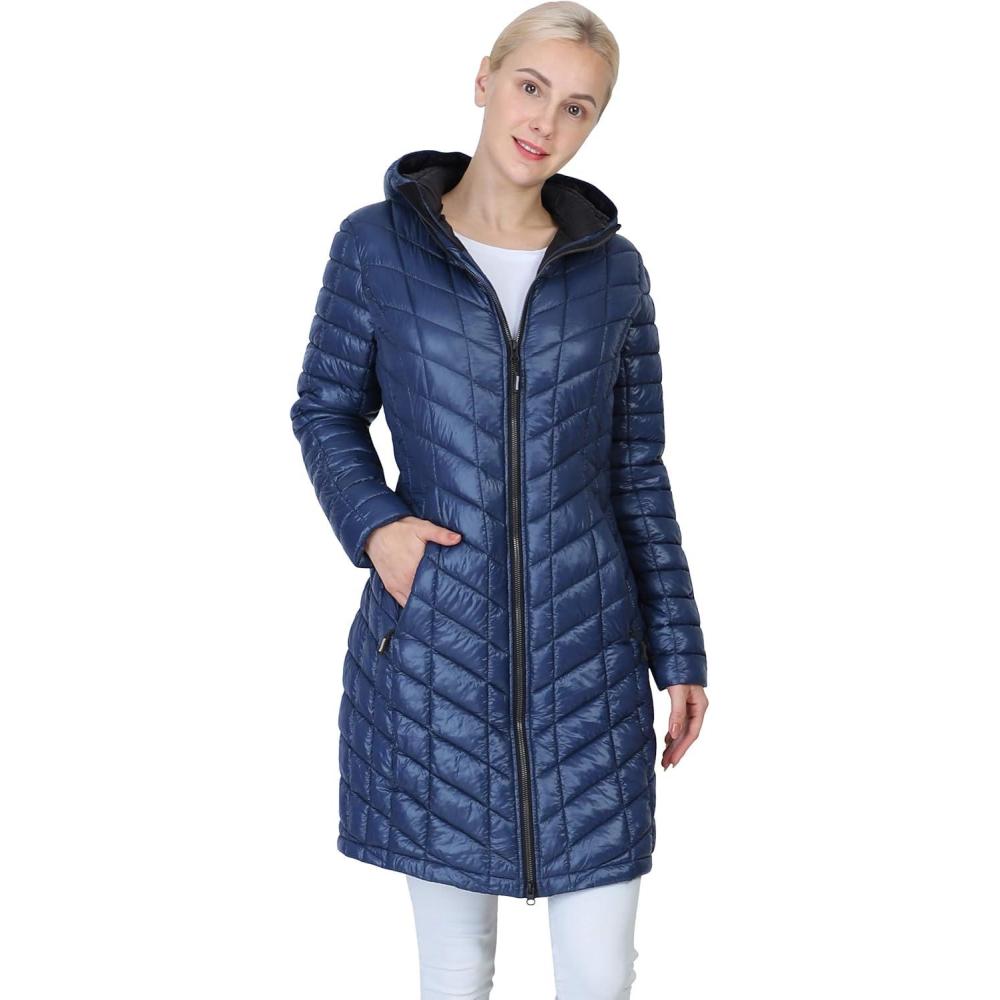 imageOutdoor Ventures Womens Maryan Hooded Ultra Lightweight Warm Thermolite Long Puffer Coatruns Large Order Size Down Ink Blueshinyavg36 Long Length