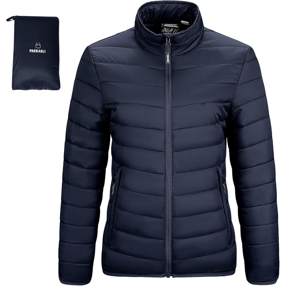 imageOutdoor Ventures Womens Packable FullZip Short Puffer Jacket Insulated Quilted Warm Lightweight Winter CoatDeep Bluefold in Pocket