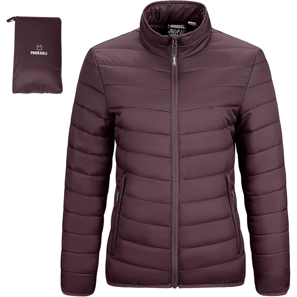 imageOutdoor Ventures Womens Packable FullZip Short Puffer Jacket Insulated Quilted Warm Lightweight Winter CoatEggplantfold in Pocket