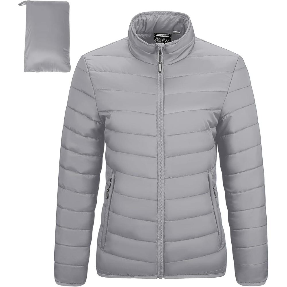 imageOutdoor Ventures Womens Packable FullZip Short Puffer Jacket Insulated Quilted Warm Lightweight Winter CoatFoggy Grayfold in Pocket