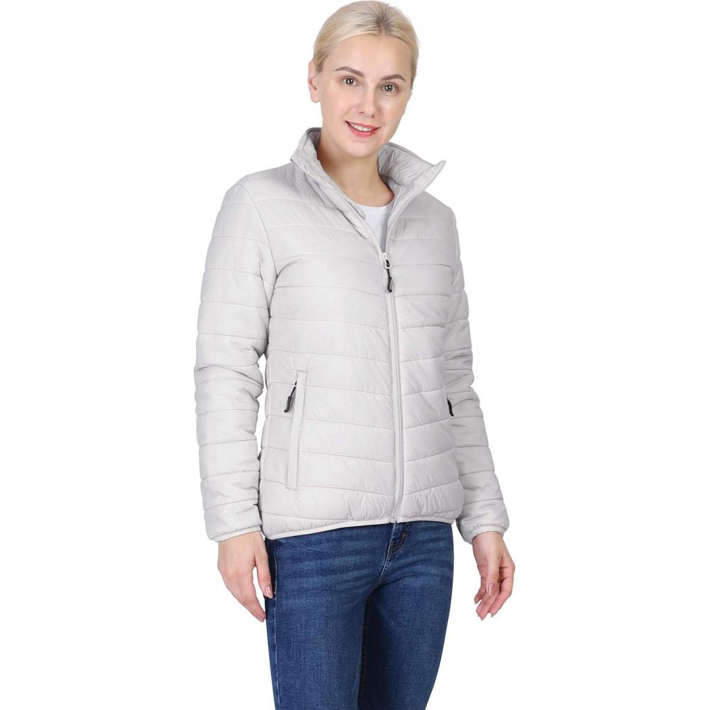 imageOutdoor Ventures Womens Packable FullZip Short Puffer Jacket Insulated Quilted Warm Lightweight Winter CoatLight Greyfold in Bag