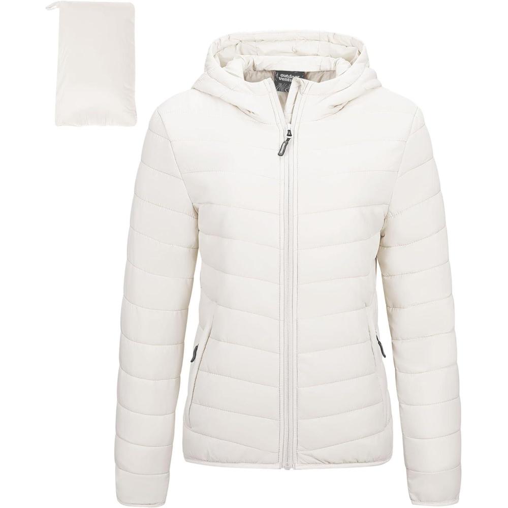 imageOutdoor Ventures Womens Packable Lightweight FullZip Puffer Jacket with Hood Quilted Winter CoatCreamfold in Pocket